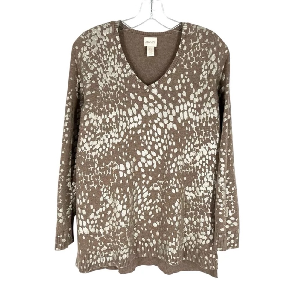 Chicos Cotton Sweater Size 0 Taupe Gold Foil Abstract Animal Print Small